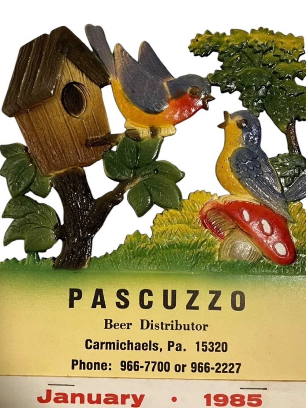 Vintage 1985 Birds Bird House Die Cut Calendar Advertising Pascuzzo Beer Distrib